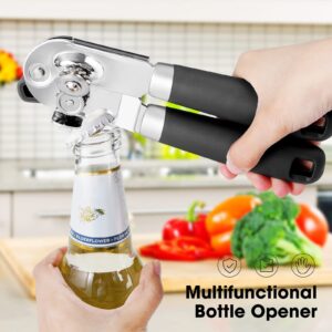 Can Opener Manual, Can Opener with Magnet, Hand Can Opener with Sharp Blade Smooth Edge, Handheld Can Openers with Big Effort-Saving Knob, Can Opener with Multifunctional Bottles Opener, Black