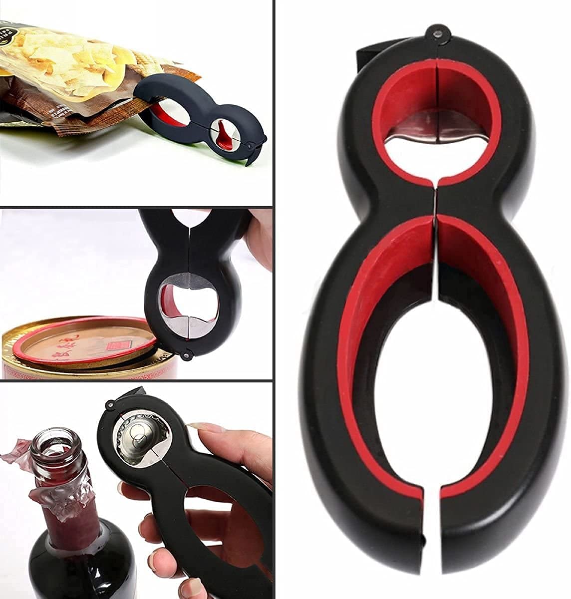 NW Can opener, multi-function 6 in 1 manual safety can opener,beer can opener, kitchen screw cap,high strength stainless steel alloy + PP (TPR) of the handle, Red and Black, 145mm*65mm*22mm