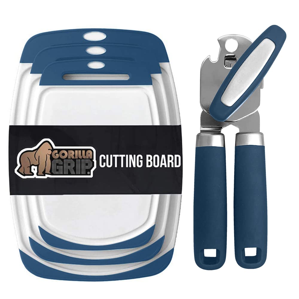 Gorilla Grip Cutting Boards Set of 3 and Manual Can Opener, Cutting Boards Are Slip Resistant, Can Opener Includes Built in Bottle Opener, Both in Blue Color, 2 Item Bundle