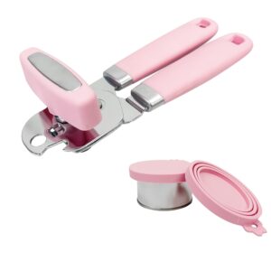 uyauld manual can opener, handheld tin opener cork screw, easy turn knob, built in bottle opener, hangs for convenient kitchen storage, easily open tin cans, 2 silicone lid cover for can, pink