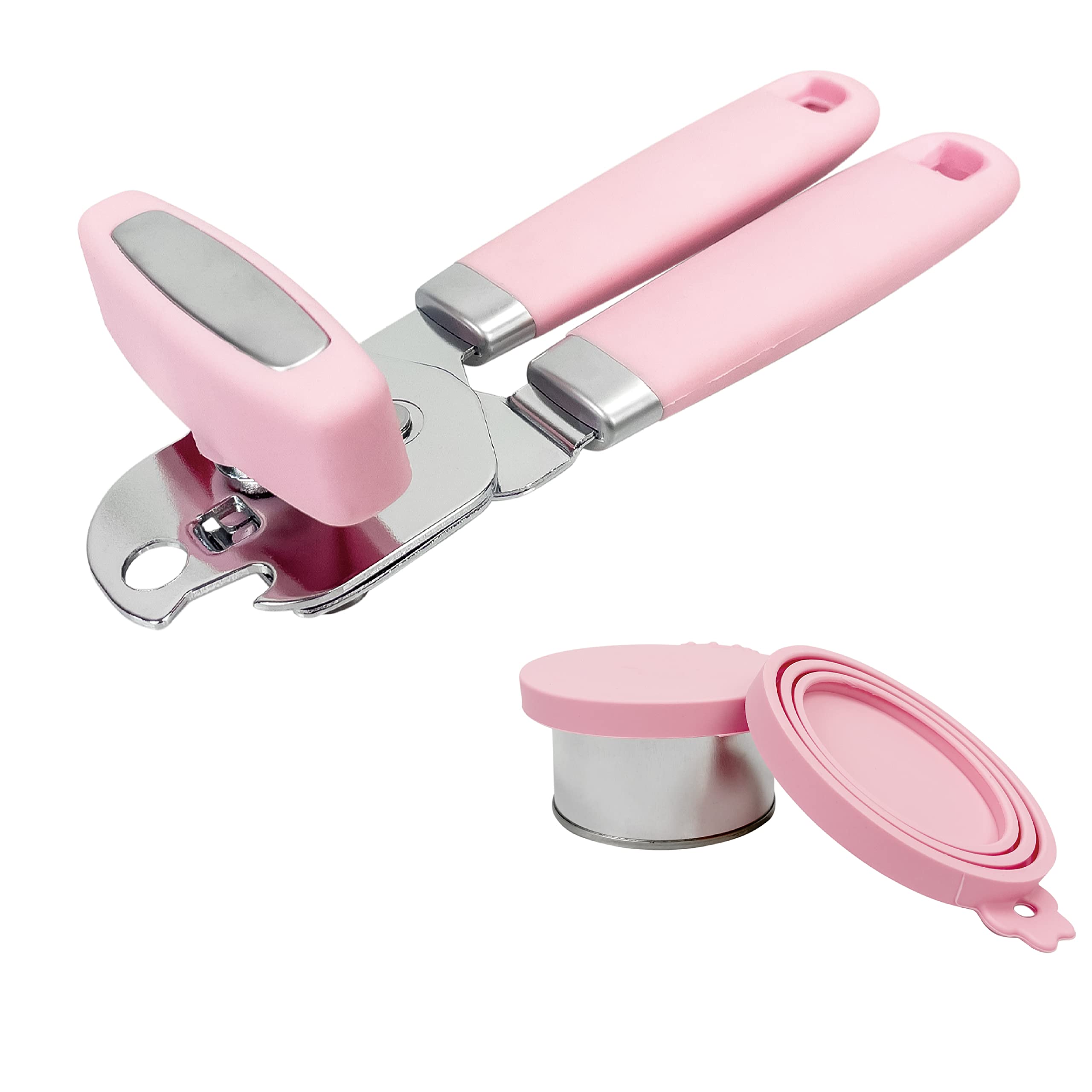 Uyauld Manual Can Opener, Handheld Tin Opener Cork Screw, Easy Turn Knob, Built in Bottle Opener, Hangs for Convenient Kitchen Storage, Easily Open Tin Cans, 2 Silicone Lid Cover for Can, Pink