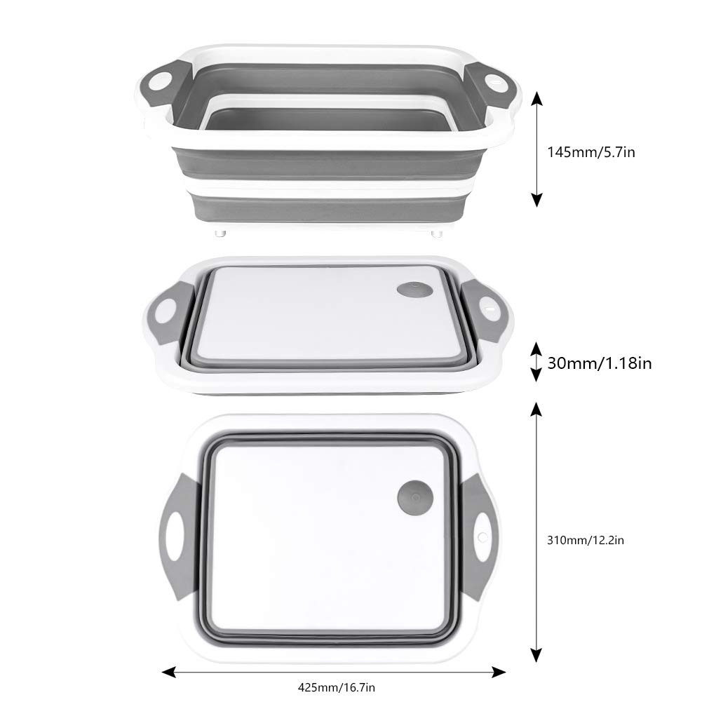 QiMH Collapsible Cutting Board - Foldable Space Saving Multi-function Kitchen Dish Tub and Camping Sink- Washing and Draining Veggies Fruits Food Grade Storage Basket for Picnic, BBQ Prep and Camping