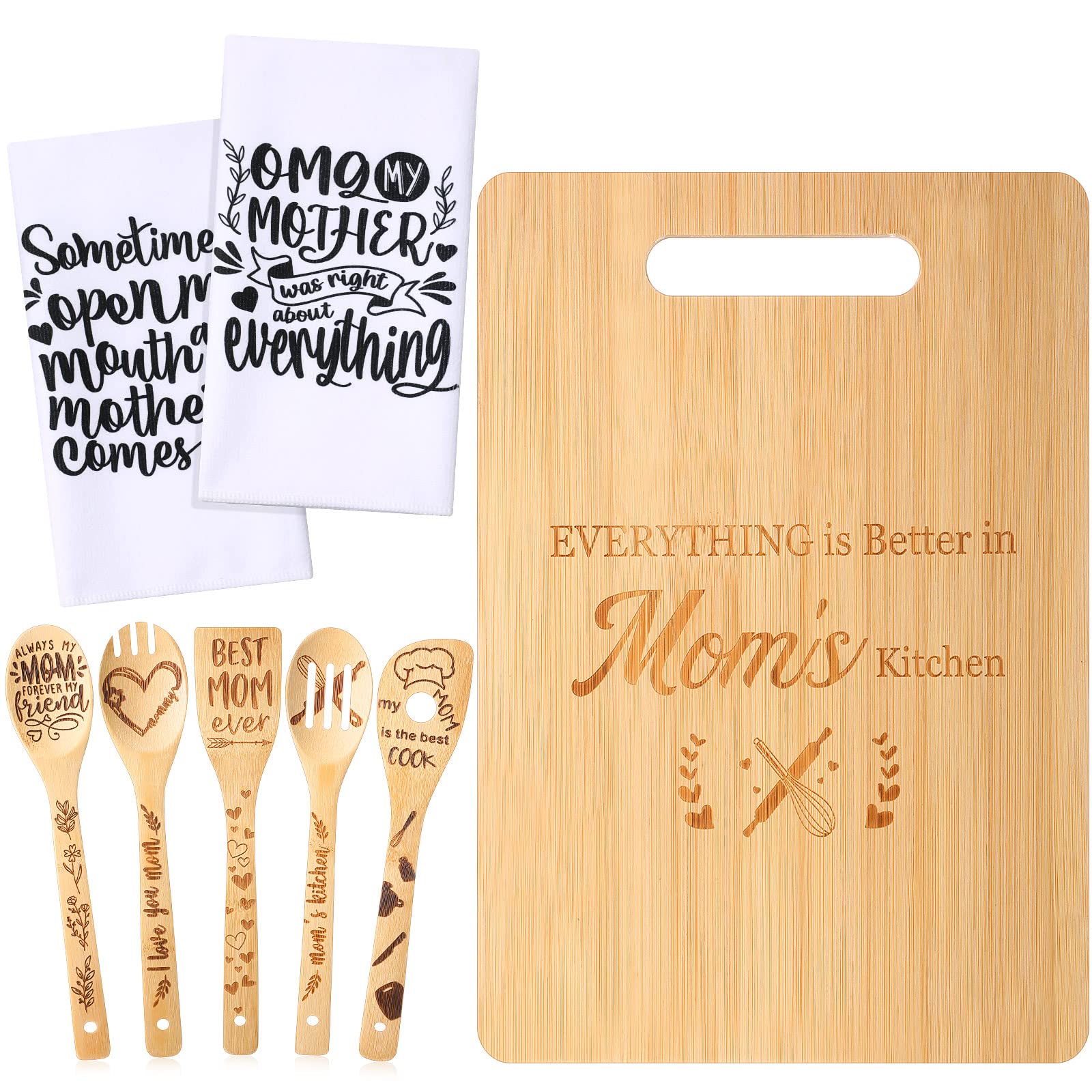 8 Pcs Christmas Mother Gifts Bamboo Cutting Board Kitchen 2 Pcs Towels Dish Towels 5 Pcs Wooden Spoons Bamboo Kitchen Utensils for Mother's Day Home Decoration Kitchen Supplies