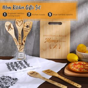 8 Pcs Christmas Mother Gifts Bamboo Cutting Board Kitchen 2 Pcs Towels Dish Towels 5 Pcs Wooden Spoons Bamboo Kitchen Utensils for Mother's Day Home Decoration Kitchen Supplies