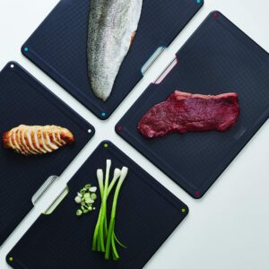 Joseph Joseph Folio 4-Piece Color coded Cutting Board Set, Steel Slimline Case for Organized Kitchen Storage, Large, Carbon Black