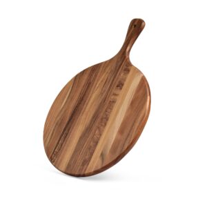 kiteiscat acacia wood round cutting board with handle 16” x 12”– round pizza paddle & cutting serving board for home baking, cheese, fruits, vegetables, bread, charcuterie