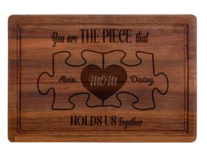 personalized mom you are the piece that holds us together puzzle cutting board, custom mom cutting board with kids names, customized mother's day, birthday gifts for mom, grandma gifts from grandkids
