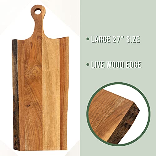 Extra Large 27 inch Acacia Wood Serving Board with Live Edge - Long Chopping and Cutting Board Food Prep Surface, Charcuterie Board for Meat, Veggies, Cheese Board, Bread, Fruit, Appetizers