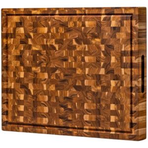 xxl end grain butcher block cutting board [1.5" thick]. made of teak wood and conditioned with beeswax, flaxseed oil & lemon oil. 23" x 17" chopping board by ziruma.