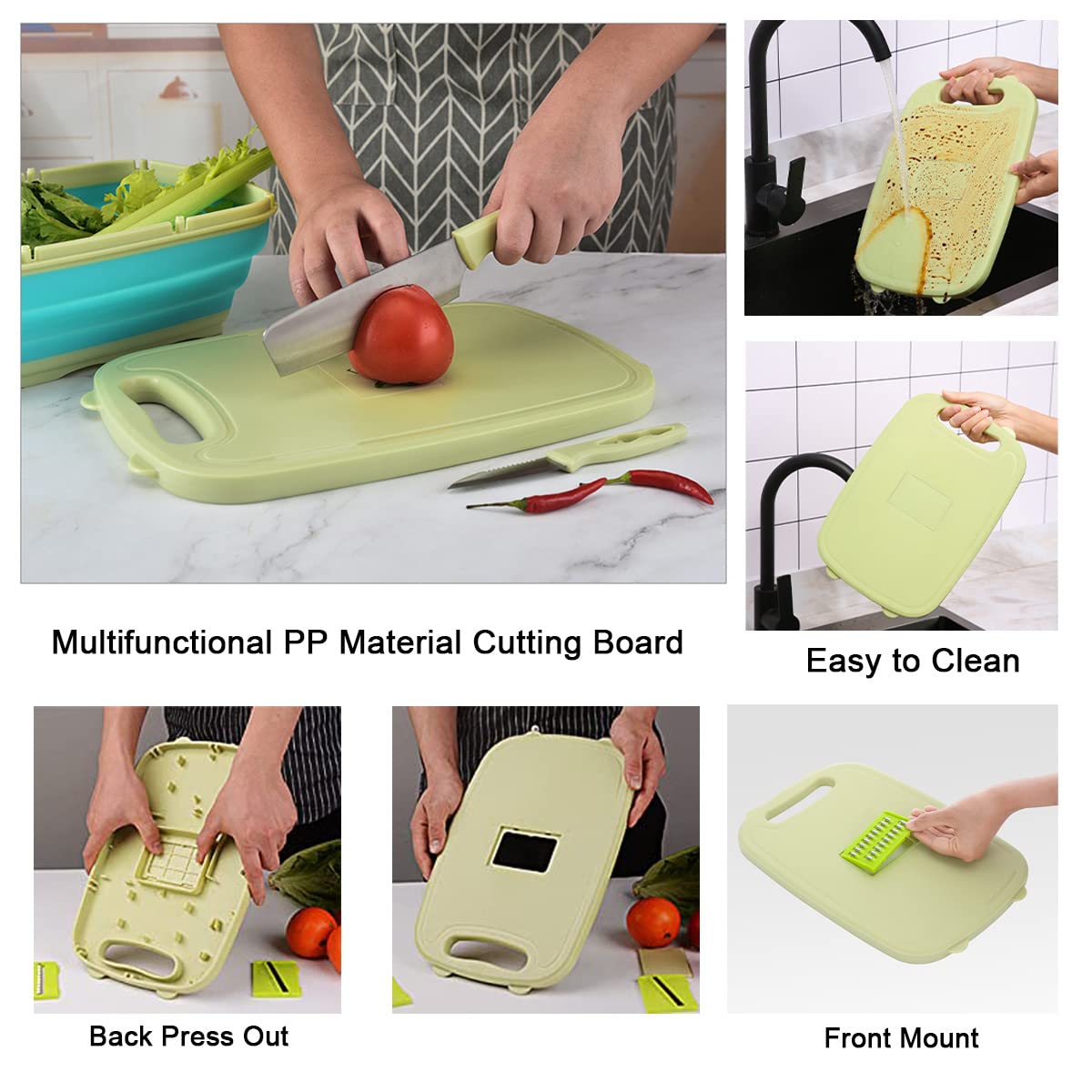 AOFUXTI Collapsible Cutting Board - Camping Cooking Utensil Set 10 in 1 Picnic BBQ RV Camper Accessiors Home Kitchen Kim Washing Dishes, Multi-Function Slicer Medium Green