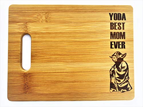 Yoda Best Mom Ever 8.5"x11" Engraved Bamboo Wood Cutting Board with Handle Star Wars Mother's Day Gift