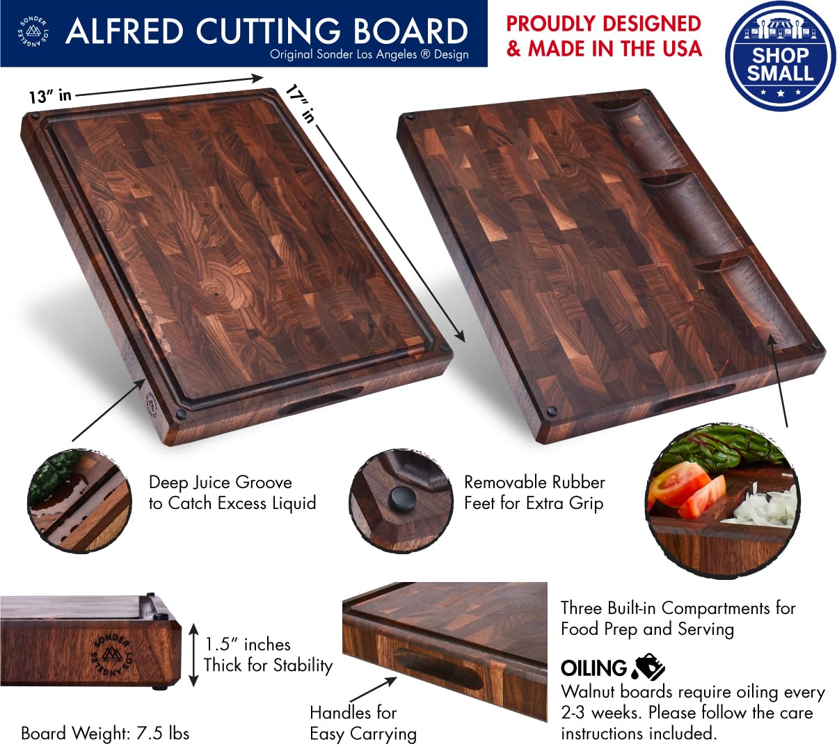 Sonder Los Angeles, Made in USA, Large Thick End Grain Walnut Wood Cutting Board with Non-Slip Feet, Juice Groove, Sorting Compartments for Kitchen 17x13x1.5 in (Gift Box Included)