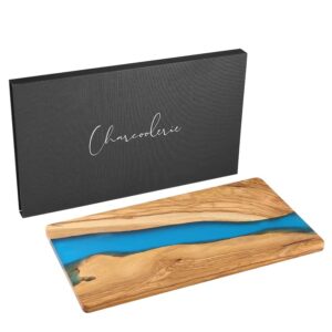 cheese board - olive wood and blue resin - charcuterie board butter board serving platter hostess gift in box - ethically and sustainably sourced from the mediterranean standard