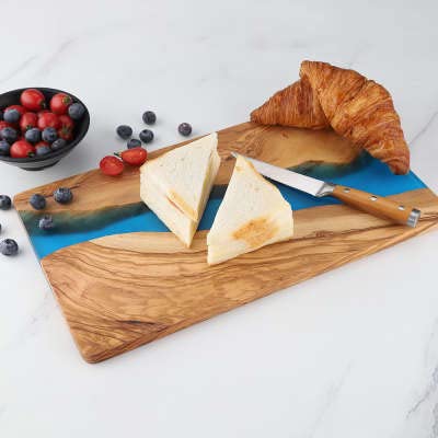 Cheese Board - Olive Wood and Blue Resin - Charcuterie Board Butter Board Serving Platter Hostess Gift in Box - Ethically and Sustainably Sourced from the Mediterranean Standard