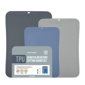 blue ginkgo flexible cutting boards - set of 3 scratch resistant tpu chopping mats | flexible cutting boards for kitchen dishwasher safe (dark gray, gray, blue)
