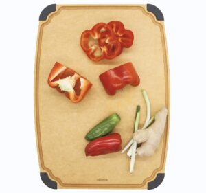 elihome essential series cutting board for kitchen- natural wood fiber composite, dishwasher safe, eco-friendly, juice grooves, non-slip feet, non-porous, reversible, bpa free, large- 14" x 10")