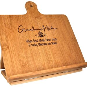 Grandma Recipe Cookbook Holder Stand Gift - Custom Engraved Bamboo Cutting Board Foldable Chef Easel Metal Hinges Kickstand iPad Tablet Compatible Christmas Birthday Kitchen Decor Design (10.25x10.25)