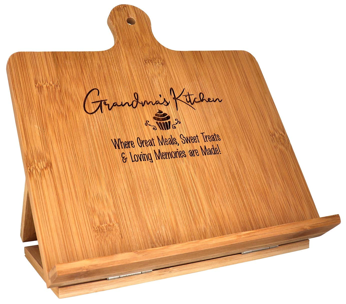 Grandma Recipe Cookbook Holder Stand Gift - Custom Engraved Bamboo Cutting Board Foldable Chef Easel Metal Hinges Kickstand iPad Tablet Compatible Christmas Birthday Kitchen Decor Design (10.25x10.25)