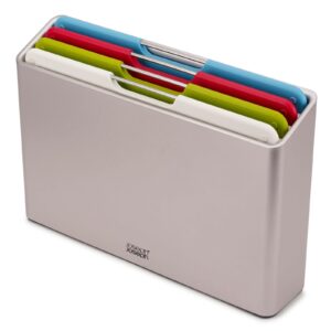 Joseph Joseph Folio Plastic Kitchen Cutting Board Set with Storage Case Color-Coded Easy-Access Design Dishwasher Safe Non-Slip, Large, Silver