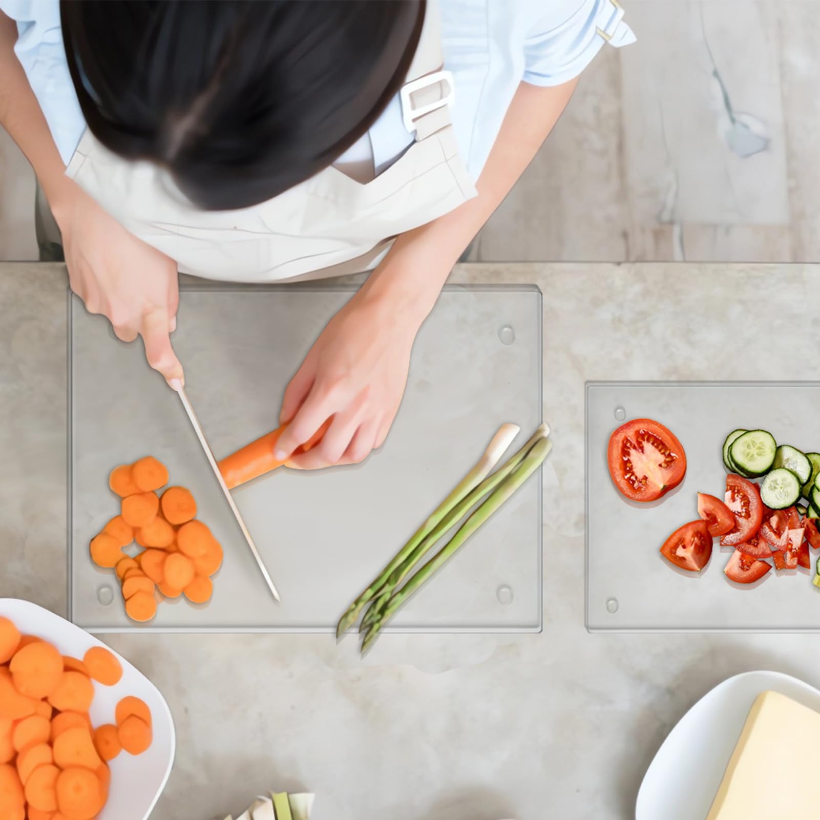 JAMBALAY Tempered Glass Cutting Board for Kitchen, Clear Cutting Board for Countertop with Rubber Feet - Set of 2 (12"x16" & 8"x12") - Scratch Resistant, Heat Resistant, Non-Slip, Shatterproof