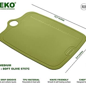 IMEKO TPU Cutting Board, BPA Free, Knife Friendly, Flexible, Dishwasher Friendly, Space Saving, Ergonomic Design, Chopping Mat - Olive Green - Size: Medium 13.7" x 9.4"- W: 10 oz.