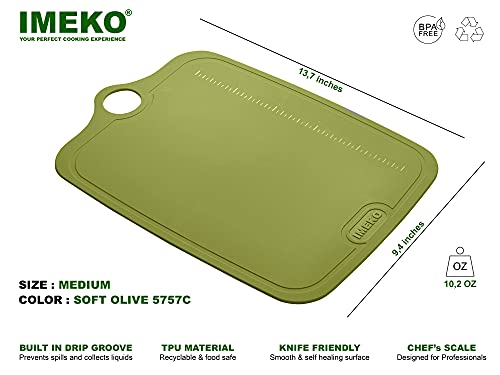 IMEKO TPU Cutting Board, BPA Free, Knife Friendly, Flexible, Dishwasher Friendly, Space Saving, Ergonomic Design, Chopping Mat - Olive Green - Size: Medium 13.7" x 9.4"- W: 10 oz.