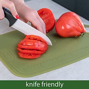 IMEKO TPU Cutting Board, BPA Free, Knife Friendly, Flexible, Dishwasher Friendly, Space Saving, Ergonomic Design, Chopping Mat - Olive Green - Size: Medium 13.7" x 9.4"- W: 10 oz.