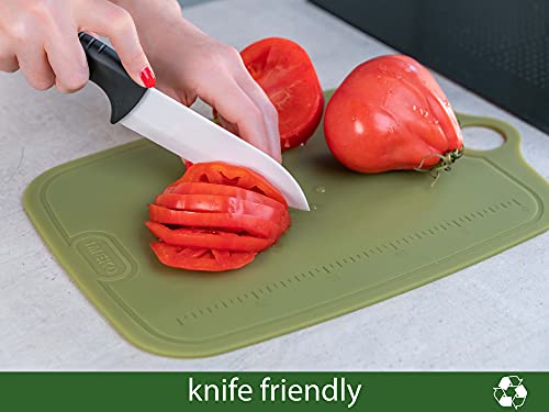 IMEKO TPU Cutting Board, BPA Free, Knife Friendly, Flexible, Dishwasher Friendly, Space Saving, Ergonomic Design, Chopping Mat - Olive Green - Size: Medium 13.7" x 9.4"- W: 10 oz.