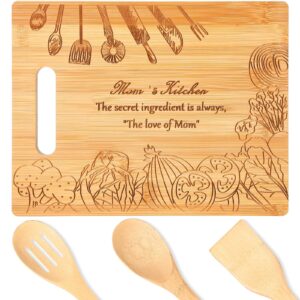 4 pcs wooden cutting board spoons utensils set, gifts for mom mothers day birthday gifts 11 x 8.7 inch bamboo cutting board spoons for mom with saying mom's kitchen secret is love