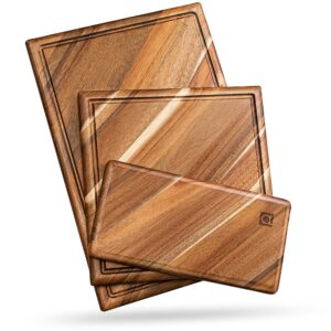 chorus wood cutting board set with juice groove (3 pieces) - acacia wood kitchen cutting boards, chopping board for meat (butcher block), vegetables, cheese - 100% natural hardwood