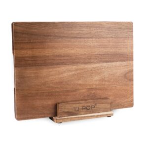 acacia wood cutting board for kitchen, tj pop premium chopping board with stand organizer, 15.8 x 11.9 x 1 inches large cheese serving board