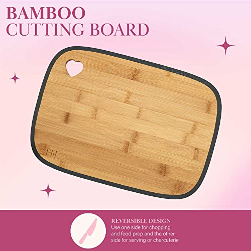 Paris Hilton Reversible Bamboo Cutting Board and Cutlery Set with Matching High Carbon Stainless Steel Knives, Blade Guards, Sleek Yet Comfortable Handle Grips, 7-Piece Set Gold, Charcoal Gray