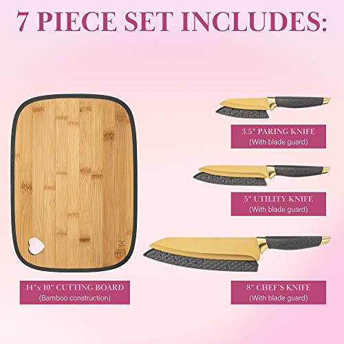 Paris Hilton Reversible Bamboo Cutting Board and Cutlery Set with Matching High Carbon Stainless Steel Knives, Blade Guards, Sleek Yet Comfortable Handle Grips, 7-Piece Set Gold, Charcoal Gray