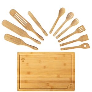 bamboo kitchen utensils and wooden spurtle set with bamboo cutting board! 11pc gift pack. 1x wood chopping board, 4x bamboo spurtles, 6x bamboo utensils set. 15x10" large cutting board set sol libra