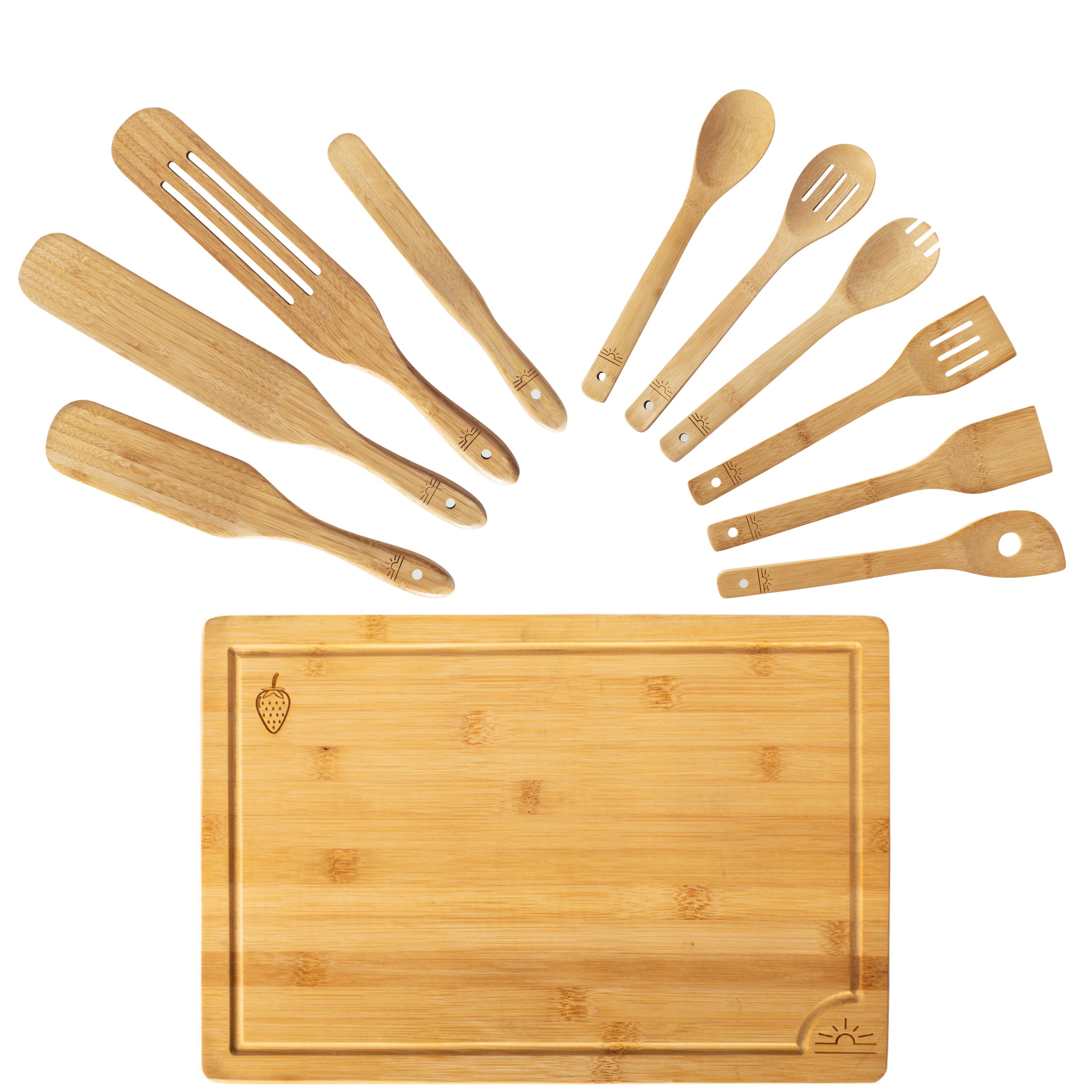 Bamboo Kitchen Utensils and Wooden Spurtle Set with Bamboo Cutting Board! 11pc Gift Pack. 1x Wood Chopping Board, 4x Bamboo Spurtles, 6x Bamboo Utensils Set. 15x10" Large Cutting Board Set SOL LIBRA