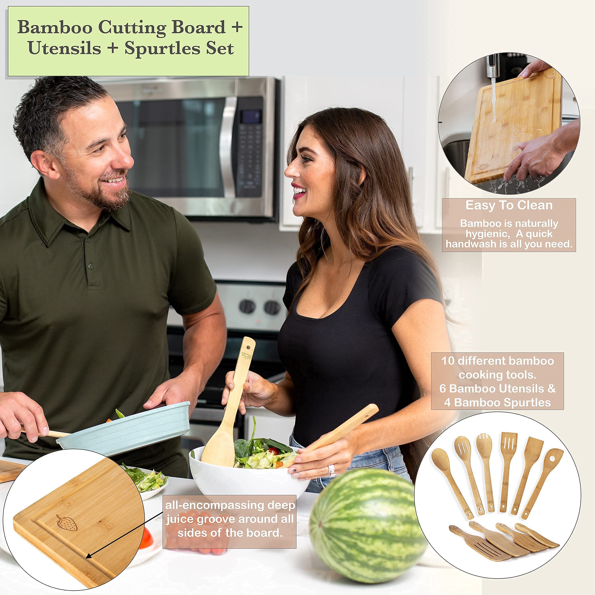 Bamboo Kitchen Utensils and Wooden Spurtle Set with Bamboo Cutting Board! 11pc Gift Pack. 1x Wood Chopping Board, 4x Bamboo Spurtles, 6x Bamboo Utensils Set. 15x10" Large Cutting Board Set SOL LIBRA