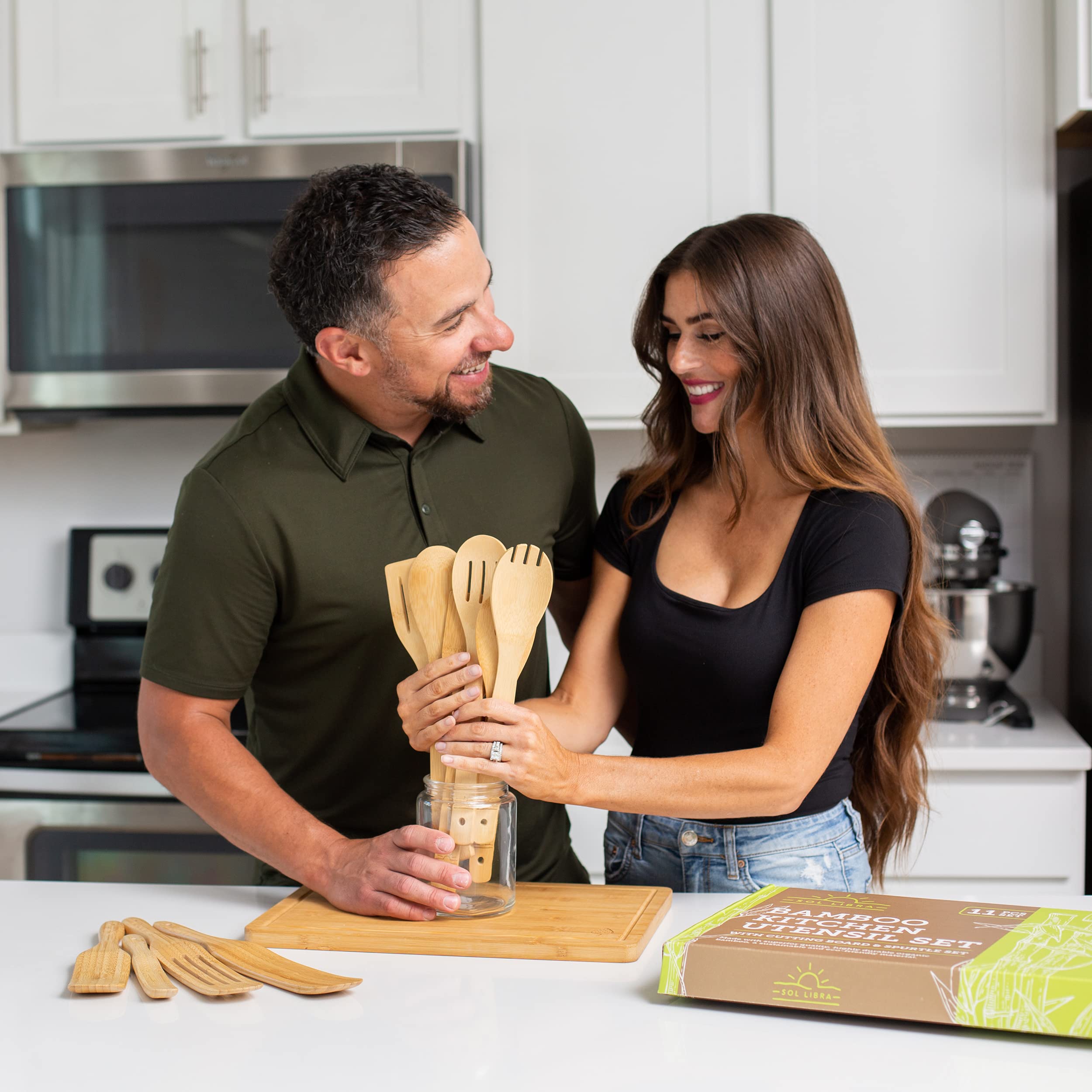 Bamboo Kitchen Utensils and Wooden Spurtle Set with Bamboo Cutting Board! 11pc Gift Pack. 1x Wood Chopping Board, 4x Bamboo Spurtles, 6x Bamboo Utensils Set. 15x10" Large Cutting Board Set SOL LIBRA