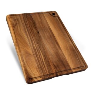 u-qe wood cutting board, wood chopping boards for kitchen with deep juice groove, 17x13 inch premium acacia butcher block for meat and vegetable, wooden serving board with inner handles