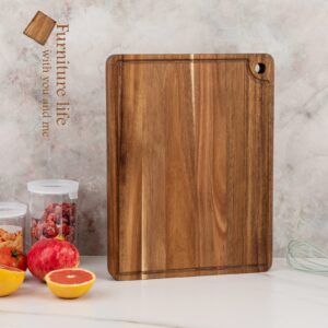 U-QE Wood Cutting Board, Wood Chopping Boards for Kitchen with Deep Juice Groove, 17x13 Inch Premium Acacia Butcher Block for Meat and Vegetable, Wooden Serving Board with Inner Handles