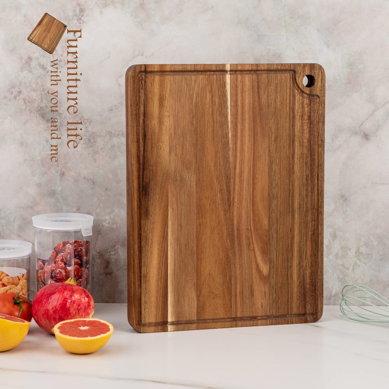 U-QE Wood Cutting Board, Wood Chopping Boards for Kitchen with Deep Juice Groove, 17x13 Inch Premium Acacia Butcher Block for Meat and Vegetable, Wooden Serving Board with Inner Handles