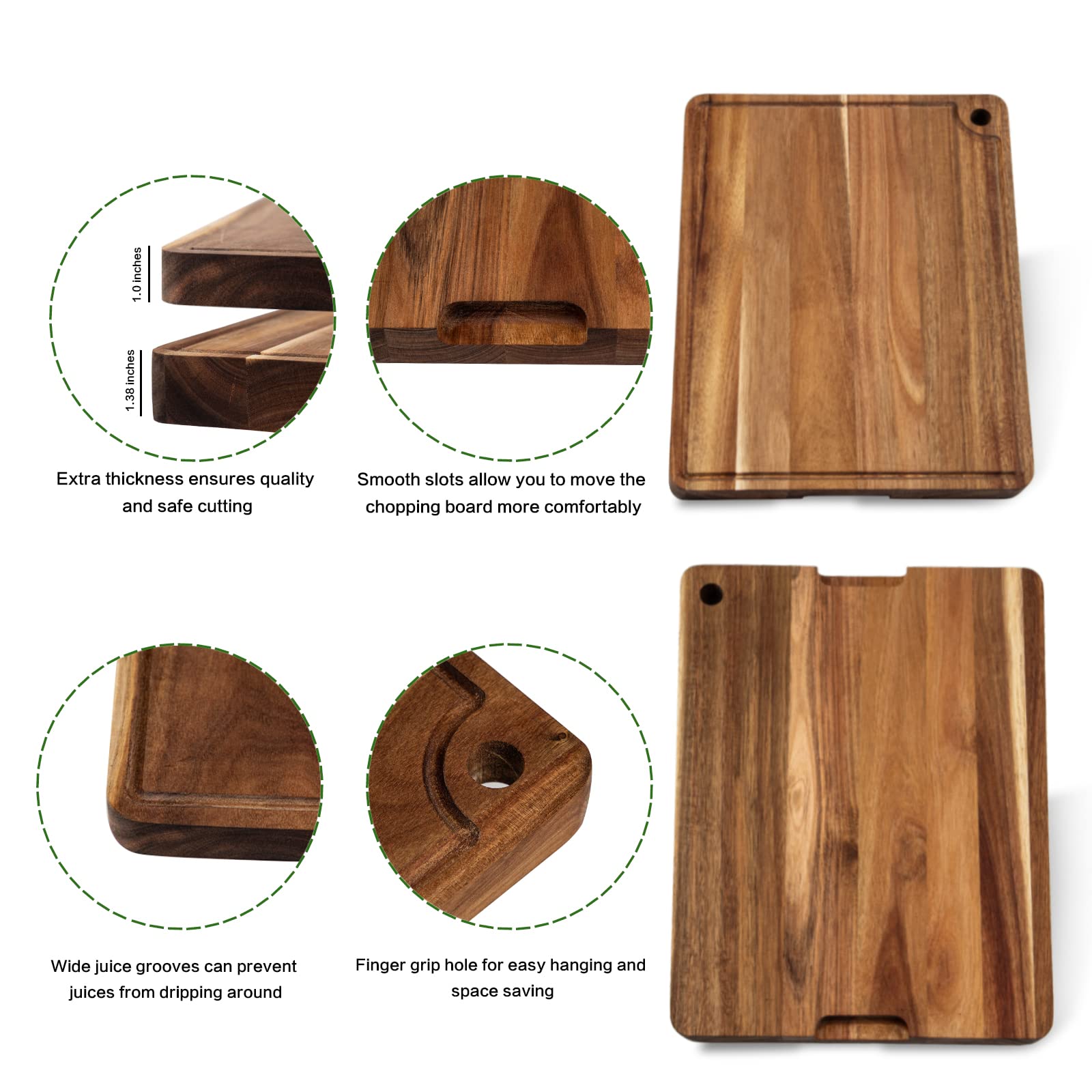 U-QE Wood Cutting Board, Wood Chopping Boards for Kitchen with Deep Juice Groove, 17x13 Inch Premium Acacia Butcher Block for Meat and Vegetable, Wooden Serving Board with Inner Handles