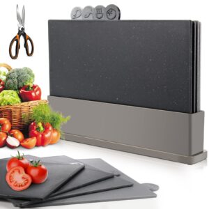 almcmy index cutting boards, 4-pieces plastic cutting board with storage stand, chopping boards with food icons & 1 extra scissors, bpa-free, dishwasher safe, cutting boards for kitchen, 12.6" x 8.6"