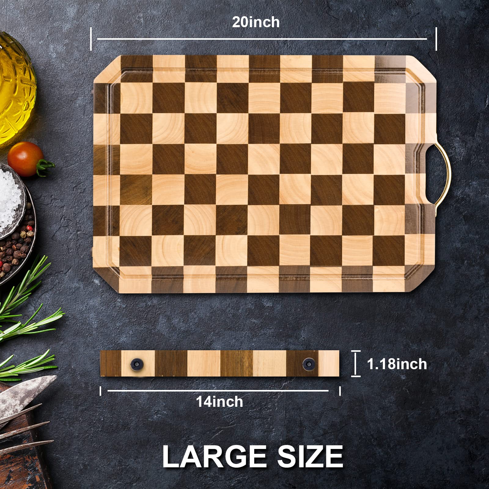 azamine End Grain Cutting Board, Large Walnut/Rubber Wood Cutting Board, with Non-Slip Feet, Juice Groove, Extra Large 20 * 14 * 6/5 inch Cutting Block for Kitchen