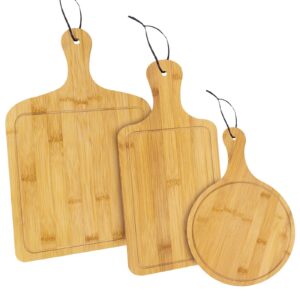 ricawa wood cutting board set 3pcs, kitchen bamboo cutting board, chopping board with juice groove and handle – wood serving tray for meet, bread, pizza, cheese, fruit &vegetables(3 pack, 3 style)