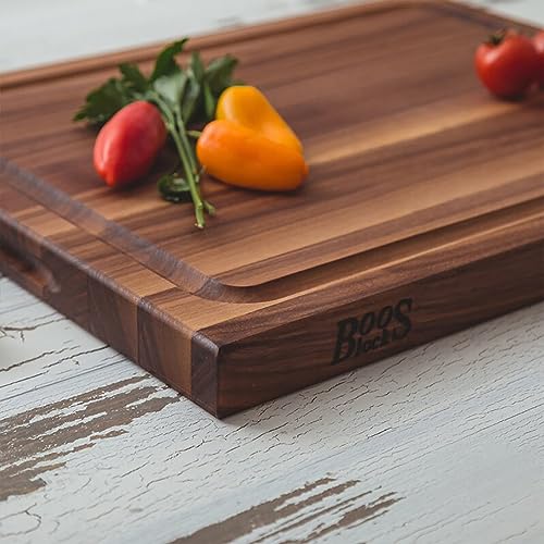 John Boos Reversible 21 Inch Wide 1.5 Inch Thick Au Jus Carving Wood Cutting Board with Deep Juice Groove, 17 x 21 x 1.5 Inches, Walnut