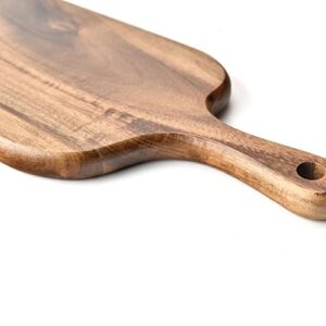 BILL.F Acacia Wood Cutting Board with Handle Small Size Long Wooden Charcuterie Board Paddle Cheese Board Serving Boards for Kitchen Meat, Pizza,Cheese, Bread, Vegetables &Fruits 16'' x 4.7'' x 0.6''