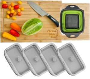 cocina vida bamboo cutting board with 4 collapsible containers and strainer - all-in-one over the sink or counter slide-out bamboo cutting board - kitchen must have