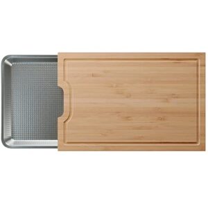 easy-to-clean bamboo wood cutting board set with non stick pullout baking sheet tray - easy compact storage chopping board set