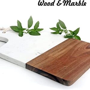 SINT Kitchen Cutting and Chopping board Marble and Natural Wood with Handle (Rectangular - White)