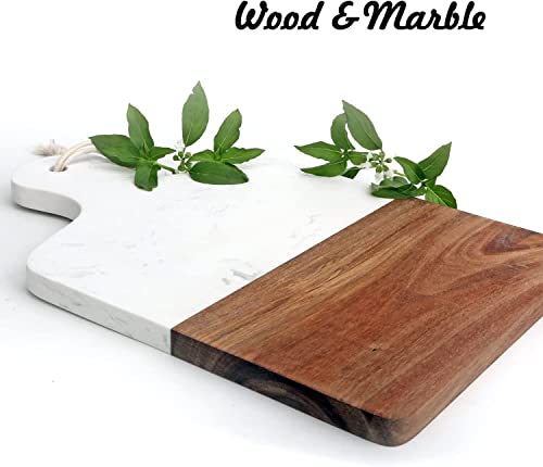 SINT Kitchen Cutting and Chopping board Marble and Natural Wood with Handle (Rectangular - White)